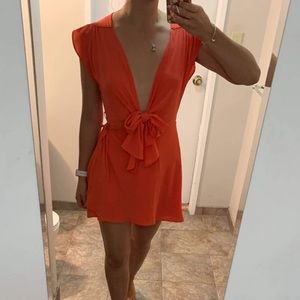 FAVLUX coral wrap dress with deep neckline